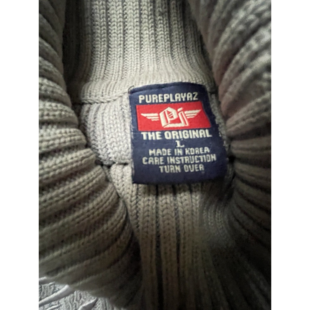 VTG Pure Playaz Mens Gray Y2K Hip Hop Spellout Cable Knit Turtleneck Sweater L - Picture 5 of 9